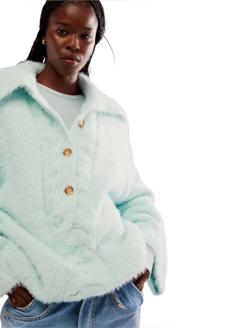 NEW Free People Lemon Tonic Oversized Fuzzy Sweater Salt Air Blue size Small